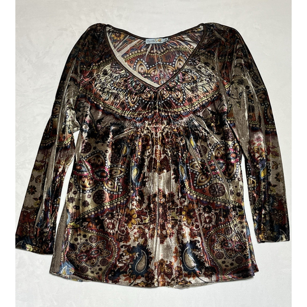 Unity World Wear Velvet Top Tunic Womens XL Floral Pullover Boho Artsy Hippie